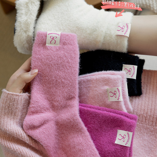 粉色蝴蝶结布标澳绒袜