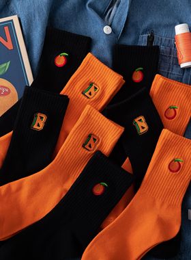 橘色袜子女中筒袜ins潮字母欧美街头纯棉秋冬黑色冬季运动风个性