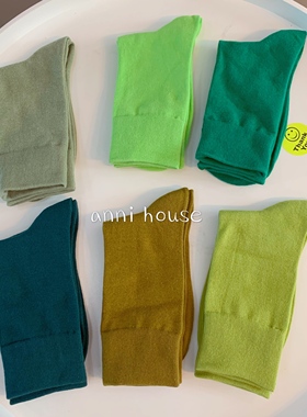 绿色袜子长筒中筒纯棉夏季日系韩国潮ins墨绿复古网红草绿长袜春