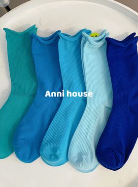 蓝色袜子女纯色彩色秋冬纯棉春秋女款中筒湖蓝多巴胺糖果色现代舞