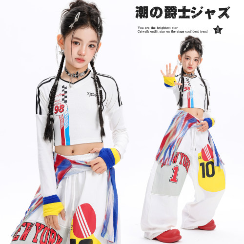 少儿爵士舞赛车风白色T恤练舞服