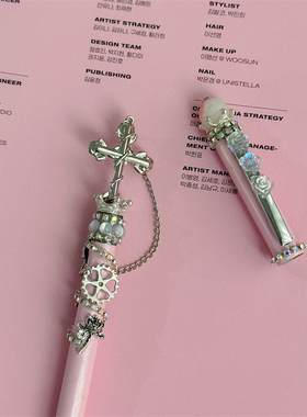 原创自制氛围感不渝十字架珠链粉色笔黑色书写中性笔礼物