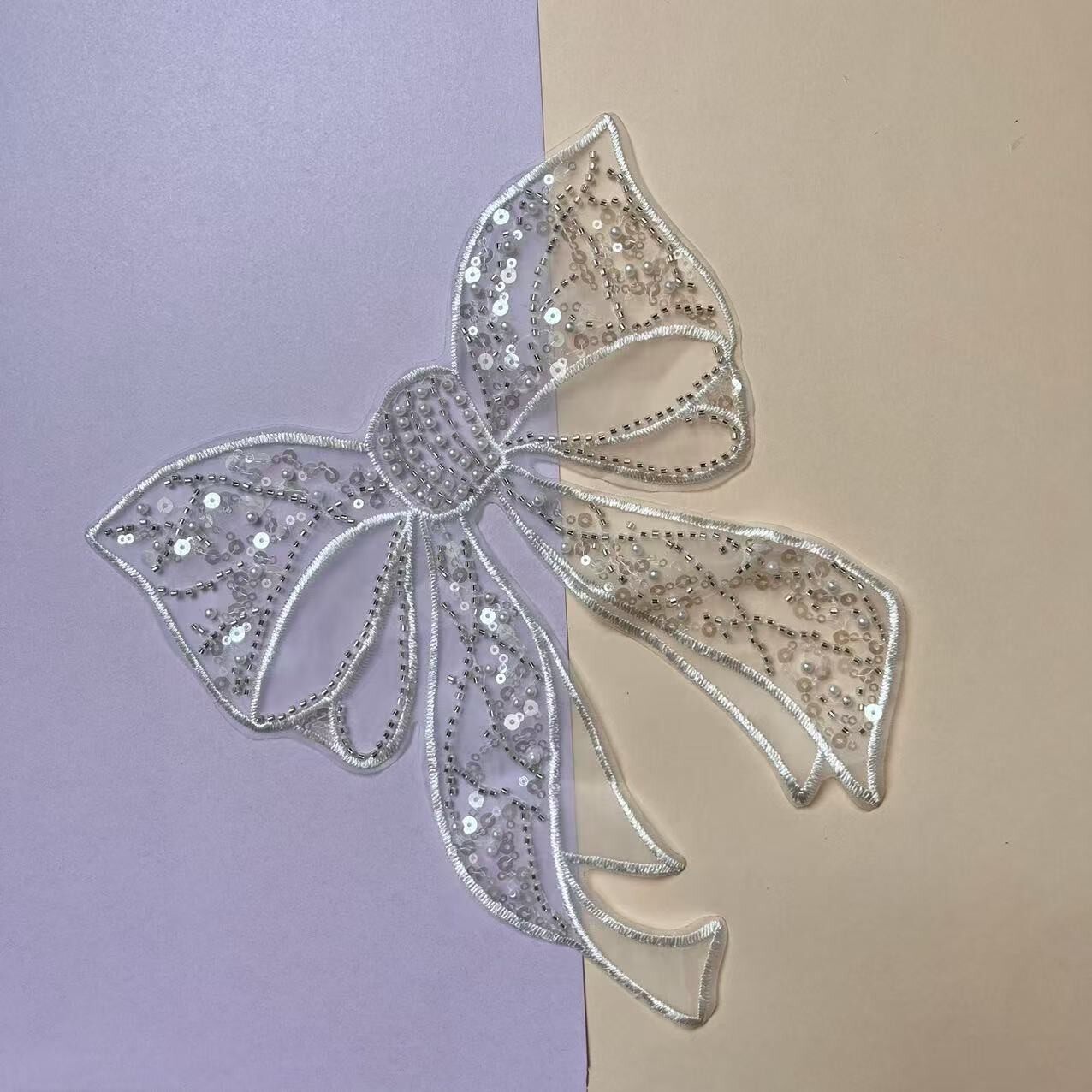 重工钉珠蕾丝花朵布贴大号亮片刺绣蝴蝶结衣服装饰贴花网纱补丁贴