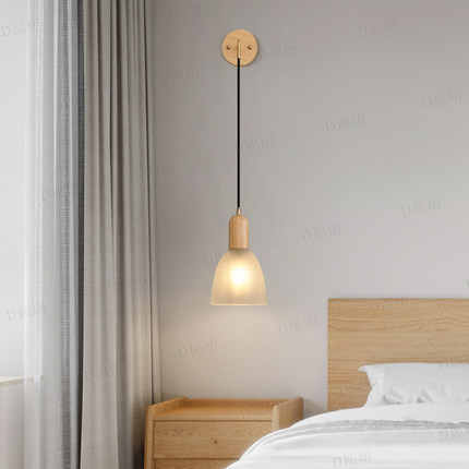 日式实木简约卧室床头壁灯原木玻璃吊线灯创意北欧客厅背景墙灯具