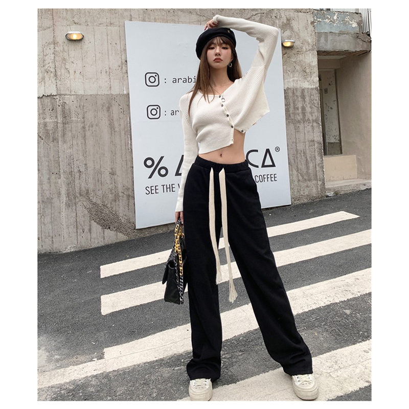 春秋直筒裤女高腰垂感慵懒宽松黑抽绳拖地休闲裤口袋通勤常规阔腿