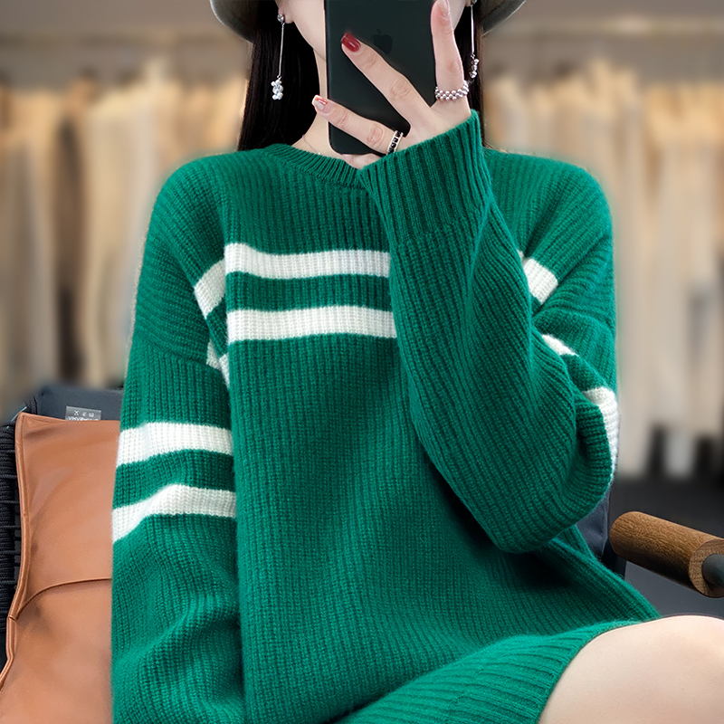 羊绒衫女中长款圆领拼色加厚毛衣裙宽松100%纯羊毛针织打底连衣裙