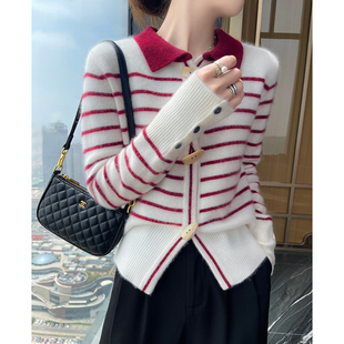 条纹拼色羊绒衫 女POLO领宽松显瘦牛角扣设计感毛衣开衫 时尚 羊毛衫