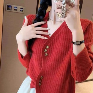 小香风V领100纯羊毛开衫 羊绒上衣 女秋冬宽松软糯毛衣外套短款 时尚