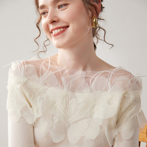 温柔天鹅颈~高级感山羊绒衫女手工刺绣羽毛繁花网纱一字肩羊毛衫