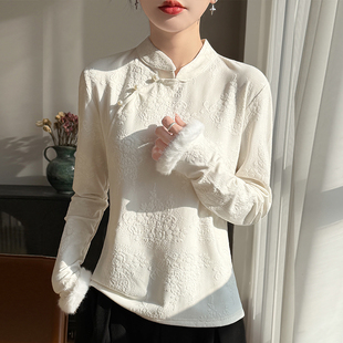新中式国风提花加绒针织衫女立领斜襟珍珠扣宽松时尚保暖打底上衣