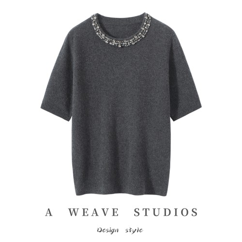 重工手工镶钻100%纯山羊绒短袖女圆领宽松时尚针织T恤洋气针织衫