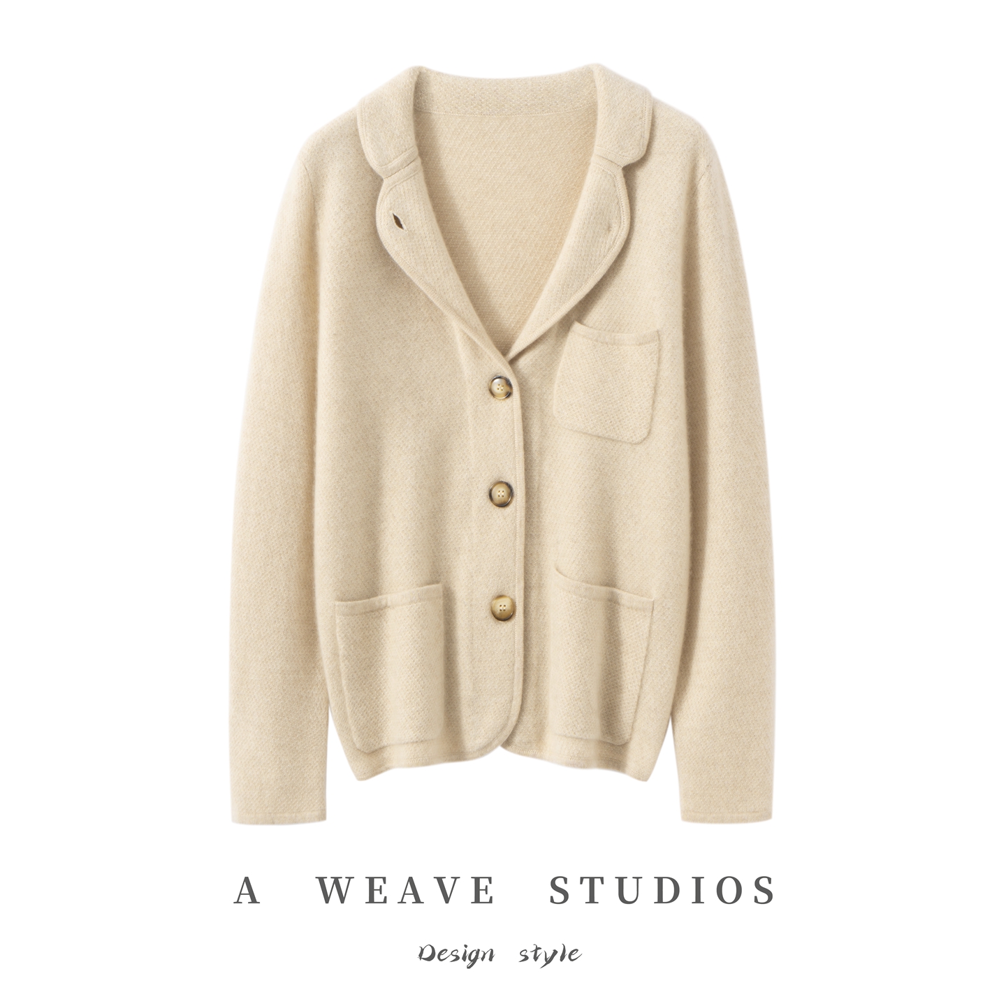 桂花针100%纯山羊绒开衫女西装领宽松带兜针织外套高级感毛衣外搭