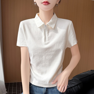 高级感POLO领气质针织短袖女夏季半拉链翻领宽松褶皱显瘦短款T恤