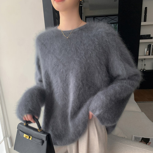 秋冬季慵懒风拉绒山羊绒衫女圆领加厚套头毛衣宽松显瘦针织打底衫