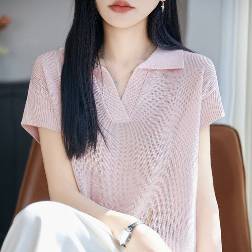 淑女风polo领短袖针织衫女T恤夏季薄款凉感背心翻领显瘦百搭上衣