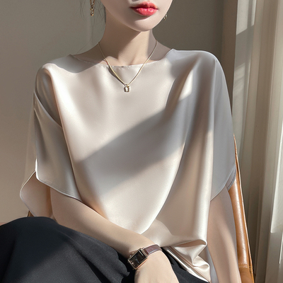 醋酸丝绸真丝缎面短袖女夏季新款圆领宽松慵懒风T恤纯色洋气上衣