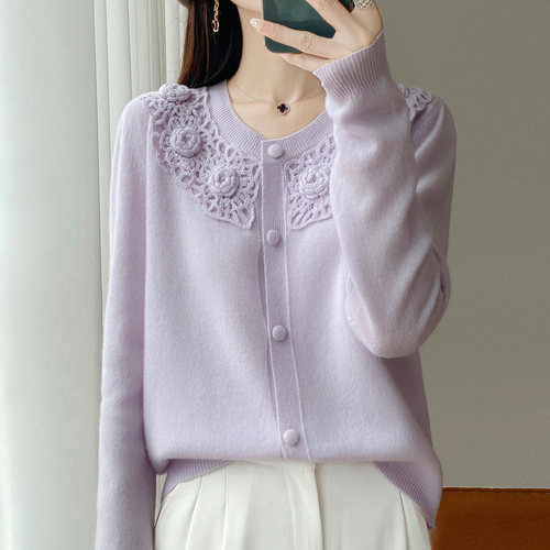 高端立体钩花100%纯羊毛开衫女圆领重工宽松毛衣外套时尚针织上衣