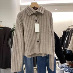 韩系高级感polo领纯羊毛开衫女秋冬宽松显瘦毛衣外套竖条纹羊绒衫