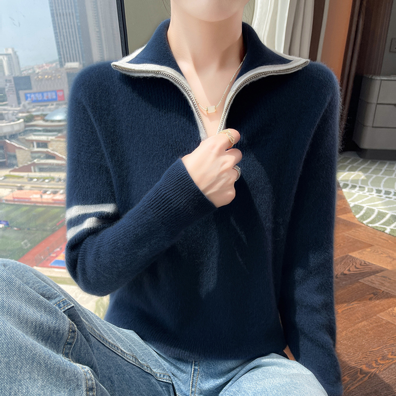撞色翻领半拉链山羊绒衫女宽松慵懒风毛衣休闲百搭羊毛针织打底衫