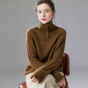 康宝莱花纱 女高领可翻宽松慵懒风轻奢毛衣 25%桑蚕丝75%山羊绒衫