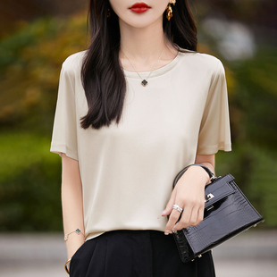 丝滑半袖 轻奢透气醋酸短袖 圆领宽松显瘦T恤衫 新款 上衣 女2026夏季