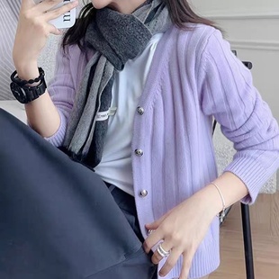 秋冬新款 外套 V领100%羊毛开衫 女纯色简约坑条毛衣宽松洋气羊绒衫