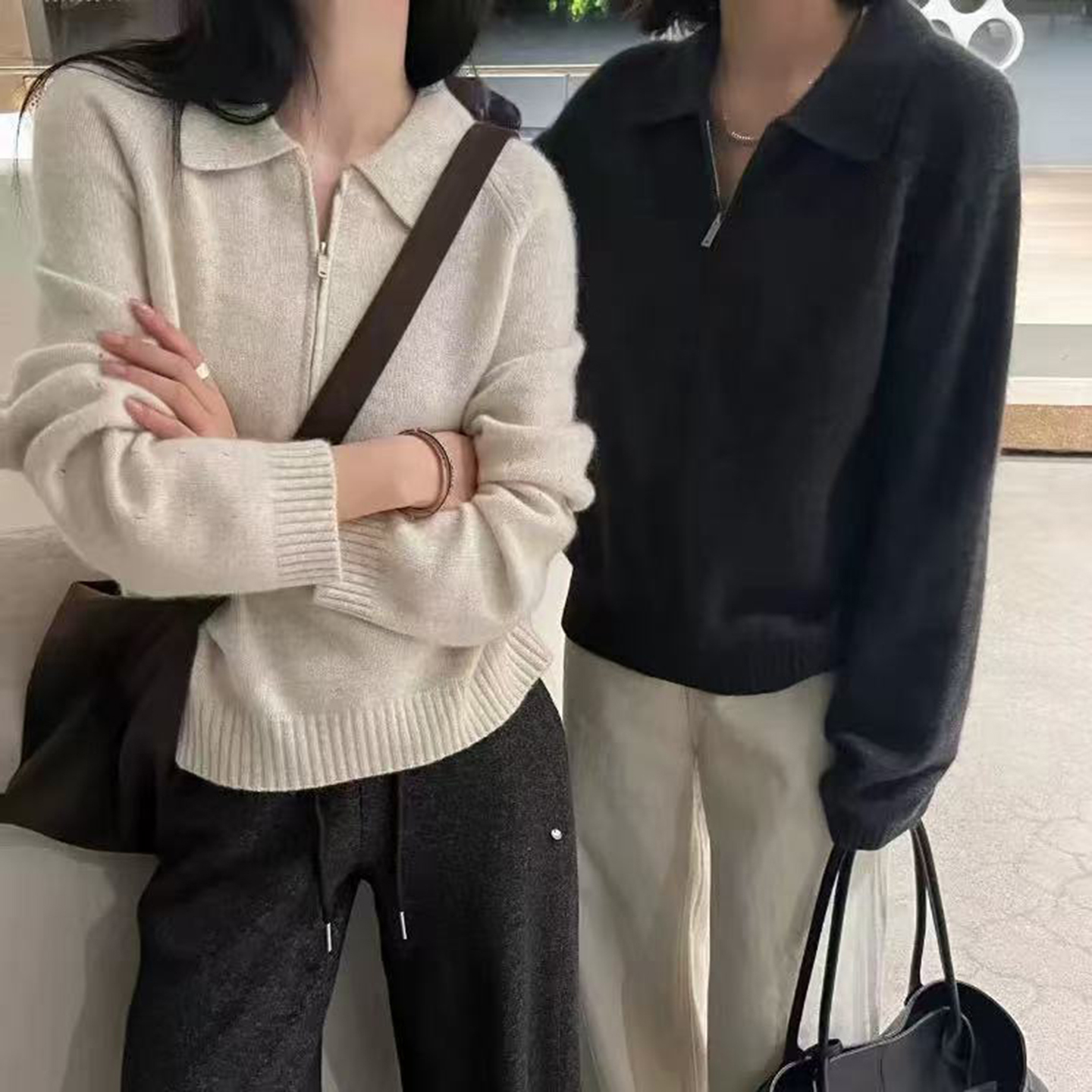 韩系半开领拉链羊绒衫女POLO翻领套头纯色毛衣灰色宽松针织打底衫