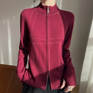 半高领精纺羊毛开衫女双拉链立领提花毛衣外套时尚洋气宽松针织衫