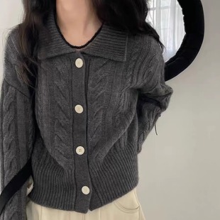 时尚 麻花毛衣外套宽松软糯羊绒上衣 高级感100%羊毛开衫 女方领韩版