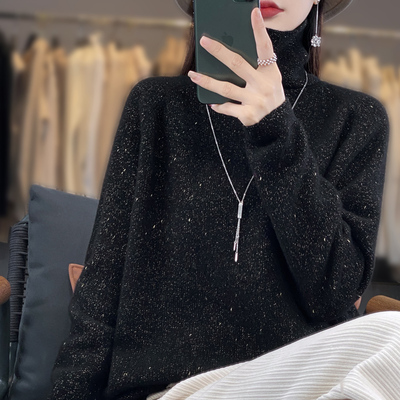高领100%纯羊毛衫女秋冬宽松慵懒风毛衣中长款亮丝高端羊绒针织衫
