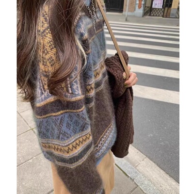 轻奢高端慵懒风山羊绒衫女圆领复古费尔岛毛衣松弛穿搭针织打底衫