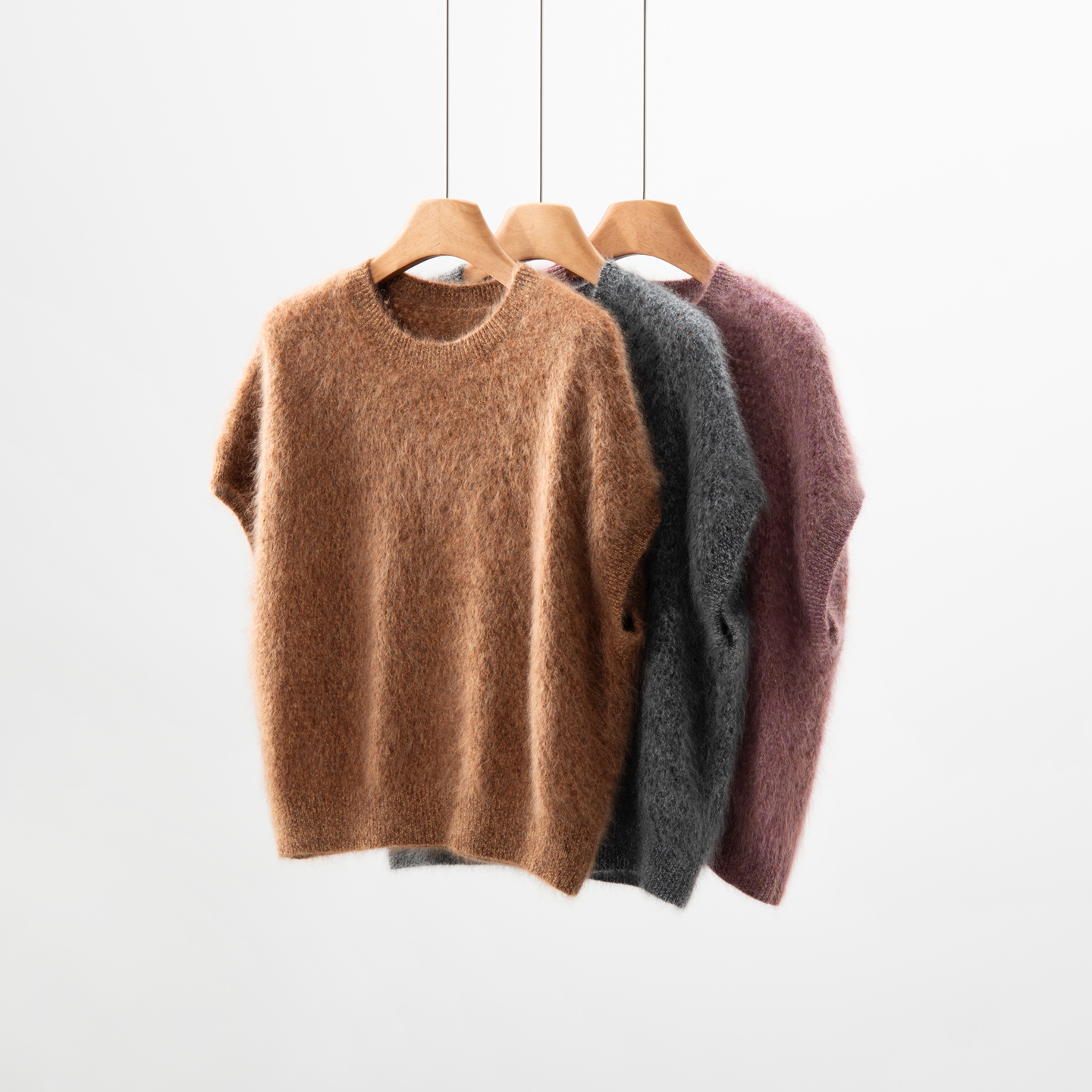 高端轻奢100%纯山羊绒短袖女圆领宽松慵懒风拉绒背心镂空落肩马甲