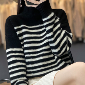 秋冬款100纯羊绒衫女半高领拼色条纹毛衣宽松套头羊毛针织打底衫