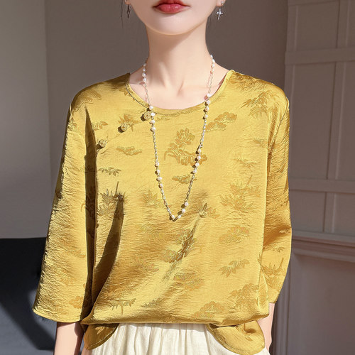 新中式国风提花七分袖短袖女圆领夏季新款缎面宽松T恤气质上衣潮