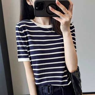 TH条纹新款拼色减龄短袖女圆领条纹宽松T恤夏季莱塞尔羊毛针织衫