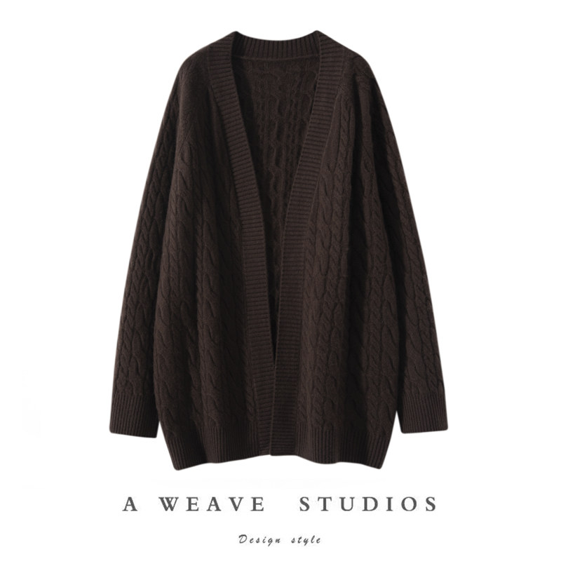 秋冬新款中长款山羊绒开衫女加厚百搭斗篷针织外套复古麻花上衣