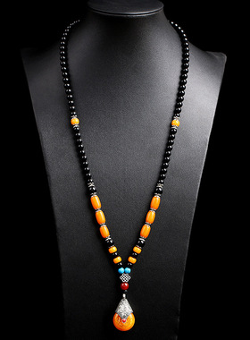 民族风复古仿蜜蜡水滴长款项链女款百搭春夏毛衣链女装配饰挂件