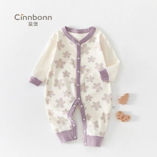 呈堡婴儿连体衣春秋款A类纯棉无骨长袖女宝宝哈衣爬服绵柔亲肤