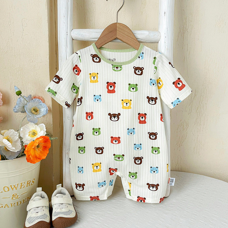 颗粒熊婴儿衣服夏装薄款空调服睡衣卡通可爱宝宝短袖连体衣外出服