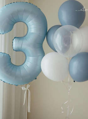 ins婴儿蓝蝴蝶结生日数字气球儿童奶油系派对装饰布置拍照道具