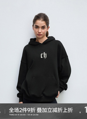 CH字母印花黑色连帽卫衣男春季情侣宽松帽衫美式外套男生休闲上衣