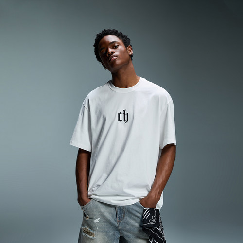 CH字母印花白色短袖t恤男运动休闲宽松夏季男生上衣美式情侣半袖