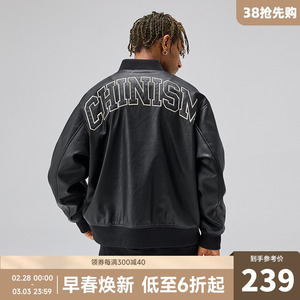 CHINISM CH黑色潮牌高街皮衣外套男秋季休闲宽松贴皮绣单PU皮夹克