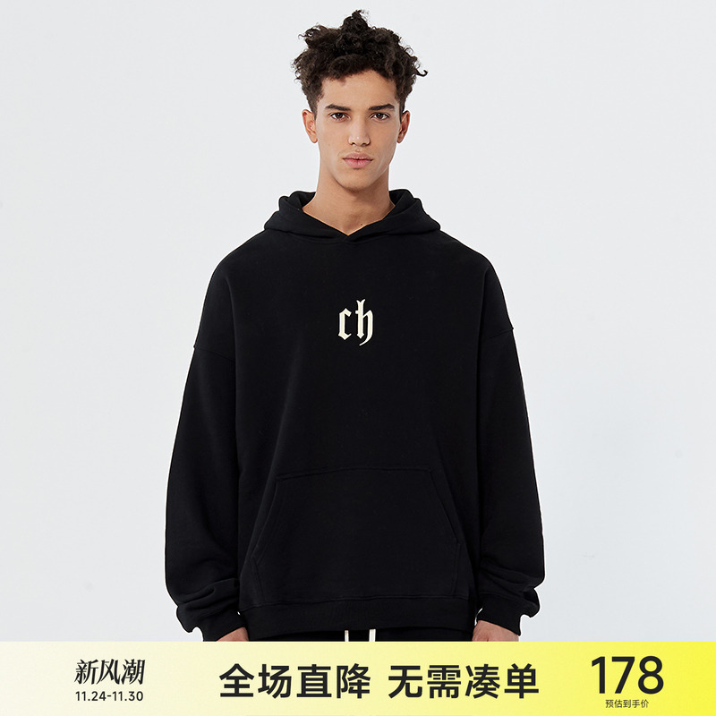 CH黑色连帽卫衣男潮牌秋季新款情侣宽松帽衫美式重磅外套男生上衣