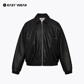 潮牌夹棉翻领休闲外套 美式 黑色环保PU皮机车夹克男秋季 新短款