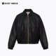 潮牌夹棉翻领休闲外套 美式 黑色环保PU皮机车夹克男秋季 新短款