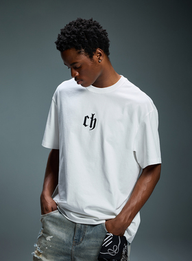 CH品牌logo刺绣短袖t恤男夏季宽松男士白色半袖运动休闲男生上衣