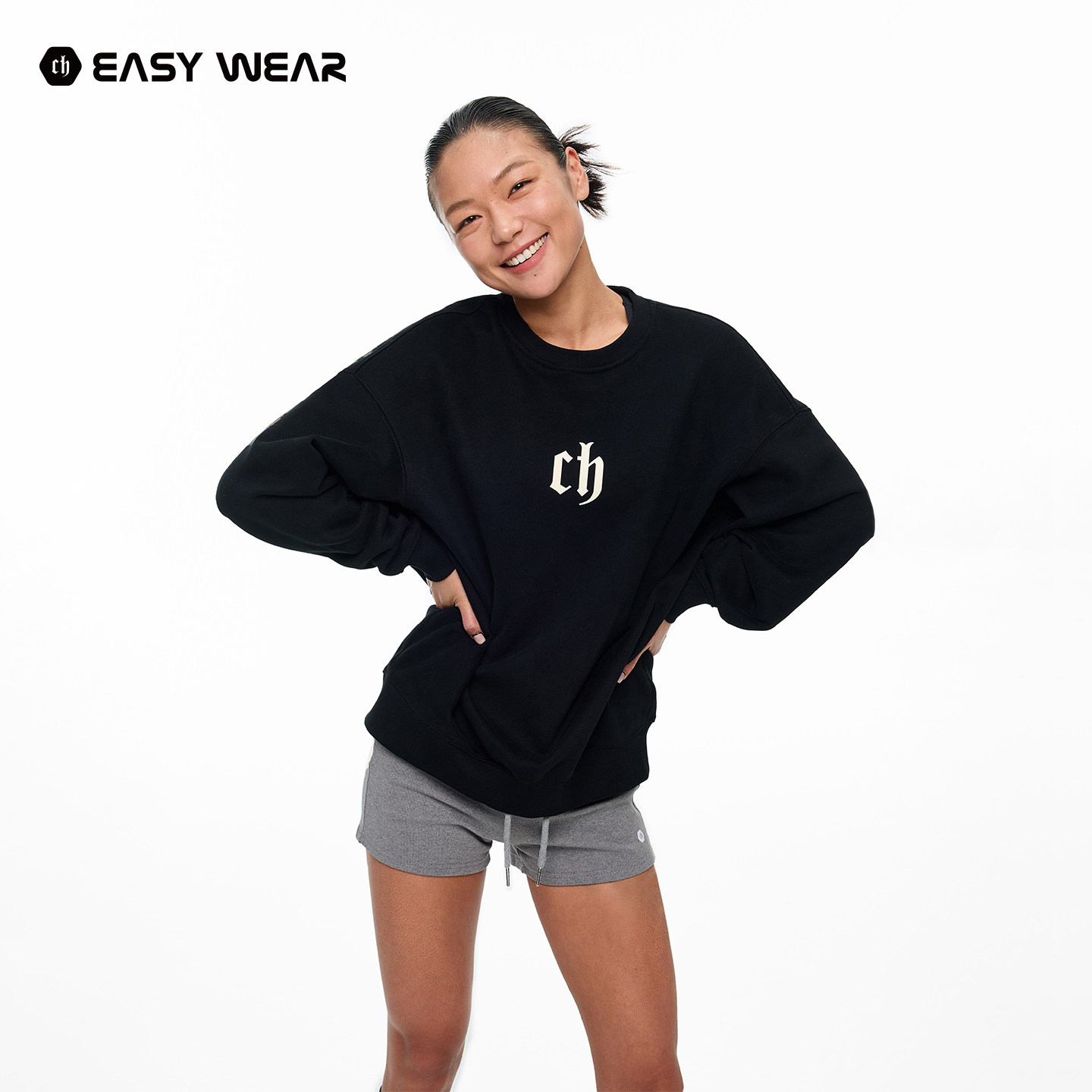 CH丨灰色圆领卫衣男秋美式潮牌套头印花长袖休闲宽松情侣无帽上衣