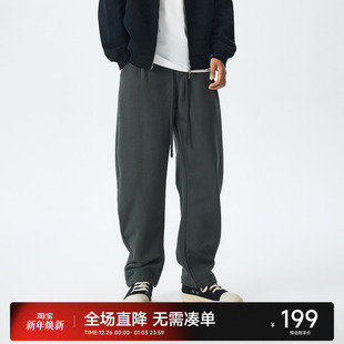 新款 男冬季 宽松休闲裤 子男士 加厚弯刀裤 黑色直筒加绒抽绳卫裤