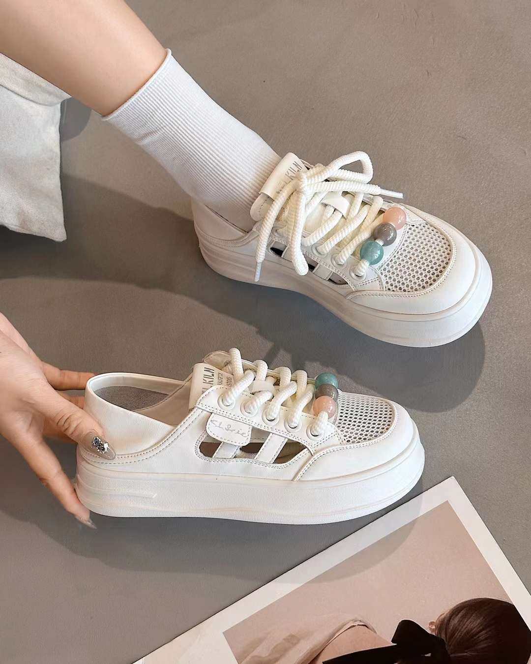 巨日2024夏款小白鞋2521306软低跟牛皮网面镂空系带串珠女休闲鞋,女鞋,时尚休闲鞋,淘宝优惠券,粉丝福利购,淘宝优惠卷